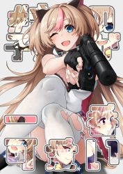 Rule 34 | 1girl, absurdres, bare shoulders, bell, blush, breasts, clothing cutout, collar, double exposure, feet out of frame, fingerless gloves, flashlight, full body, garter straps, girls&#039; frontline, gloves, gun, handgun, heart cutout, highres, jingle bell, leotard, looking at viewer, mk23 (girls&#039; frontline), mk 23 pistol, nakiusagi, one eye closed, pistol, sitting, sleeveless, smile, solo, tail, text background, thighhighs, translation request, weapon, white garter straps, white thighhighs