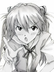 00s 1girl :o amaoto evangelion:_2.0_you_can_(not)_advance female_focus greyscale highres monochrome neon_genesis_evangelion open_mouth pointing rebuild_of_evangelion ribbon school_uniform solo souryuu_asuka_langley tsundere white_background