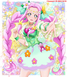 Rule 34 | 1girl, braid, bubble skirt, circlet, contrapposto, cowboy shot, cure felice, dated, dress flower, earrings, floral background, flower, flower in eye, green eyes, green skirt, hair flower, hair ornament, hanami kotoha, hanzou, highres, jewelry, legs apart, long hair, looking at viewer, magical girl, mahou girls precure!, multicolored background, multicolored eyes, outstretched hand, pink hair, precure, skirt, solo, standing, symbol in eye, twin braids, twitter username, wrist cuffs