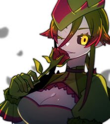 Rule 34 | 1girl, aknsnmg, black sclera, bodice, breasts, cleavage, cleavage cutout, clothing cutout, colored sclera, espinas, flower, gloves, glowing, glowing eyes, green gloves, green hair, hat, highres, holding, holding flower, leaning back, looking at viewer, medium breasts, monster hunter (series), multicolored hair, one eye closed, open mouth, personification, pointy ears, ponytail, puffy short sleeves, puffy sleeves, red hair, rose, short hair, short sleeves, smile, solo, thorns, tricorne, two-tone hair, two-tone headwear, white background, yellow eyes