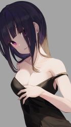 Rule 34 | 1girl, bare arms, bare shoulders, black hair, black tank top, blunt bangs, breasts, cleavage, collarbone, eyes visible through hair, grey background, hair over one eye, hand up, highres, hiroki (yyqw7151), light, long hair, looking at viewer, medium breasts, off shoulder, open mouth, original, pale skin, pink eyes, simple background, smile, solo, strap slip, tank top, upper body