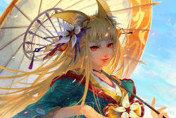 Rule 34 | absurdres, animal ear fluff, animal ears, bad id, bad pixiv id, blue sky, blunt bangs, day, facial mark, flower, fox ears, hair flower, hair ornament, hair stick, highres, katrina chiu, looking at viewer, outdoors, over shoulder, parasol, red eyes, sdorica, sky, solo, thick eyebrows, umbrella, upper body, whisker markings