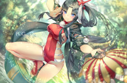 Rule 34 | 1girl, bare hips, black hair, blue eyes, blunt bangs, blurry, breasts, closed mouth, copyright name, depth of field, fate/grand order, fate (series), hair rings, holding, long hair, looking at viewer, motion blur, one-piece swimsuit, parted bangs, pom pom (clothes), red one-piece swimsuit, sandals, side ponytail, sideboob, smile, solo, standing, standing on one leg, swimsuit, thighs, ushiwakamaru (fate), ushiwakamaru (fate/grand order), ushiwakamaru (swimsuit assassin) (fate), ushiwakamaru (swimsuit assassin) (third ascension) (fate), yoshimoto (dear life)