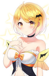 Rule 34 | 1girl, ahoge, bare shoulders, bat hair ornament, black choker, blonde hair, bow, breasts, choker, cleavage, collarbone, gem, hair ornament, hand on own chest, hexagram, hololive, kawaiipony2, looking at viewer, medium breasts, short hair, simple background, sleeveless, smile, solo, star (symbol), star of david, tank top, virtual youtuber, white background, white tank top, yellow eyes, yozora mel, yozora mel (1st costume)