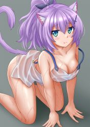 Rule 34 | 1girl, :t, all fours, animal ear fluff, animal ears, azur lane, bare arms, bare shoulders, black ribbon, bottomless, breasts, camisole, cat ears, cat girl, cat tail, cleavage, closed mouth, collarbone, commentary, feet out of frame, green eyes, grey background, hair ornament, hair ribbon, high ponytail, highres, javelin (azur lane), kazenokaze, kemonomimi mode, looking at viewer, medium breasts, ponytail, purple hair, ribbon, see-through, shadow, solo, tail, wavy mouth, wet, wet clothes, white camisole