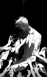 Rule 34 | 1boy, 6+others, aechmea (houseki no kuni), arm grab, belt, collared shirt, cowboy shot, unworn eyewear, floating hair, formal, glasses, glowing, glowing eyes, grabbing, greyscale, holding, holding removed eyewear, holding hands, houseki no kuni, jacket, light particles, long sleeves, looking down, male focus, melting, monochrome, multiple others, necktie, out of frame, outstretched arms, pants, parted lips, reaching, rotting, sad, saiko67, shirt, short hair, simple background, solo focus, suit