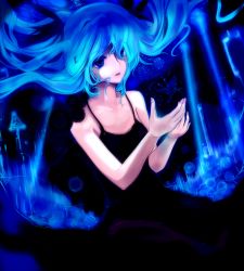 1girl absurdres bad_id bad_pixiv_id black_dress dress female_focus hatsune_miku highres nanaonal shinkai_shoujo_(vocaloid) solo twintails underwater vocaloid