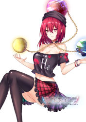 Rule 34 | 1girl, ass, bare shoulders, black collar, black shirt, black thighhighs, breasts, chain, cleavage, clothes writing, collar, collarbone, commentary request, crop top, earth (ornament), feet out of frame, frills, green skirt, hair between eyes, hands up, hecatia lapislazuli, invisible chair, koissa, large breasts, looking at viewer, midriff, miniskirt, moon (ornament), multicolored clothes, multicolored skirt, navel, off-shoulder shirt, off shoulder, parted lips, purple skirt, red eyes, red hair, red skirt, shirt, short hair, short sleeves, simple background, sitting, skirt, smile, solo, stomach, thighhighs, thighs, touhou, white background, zettai ryouiki