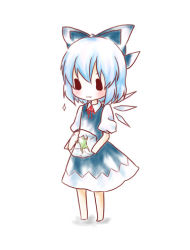 Rule 34 | 1girl, :3, bad id, bad pixiv id, blue dress, blue hair, bow, chibi, cirno, dress, female focus, frog, frozen, frozen frog, full body, hair bow, ice, kuromame (8gou), lowres, solo, touhou, white background