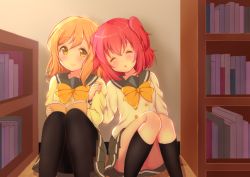 Rule 34 | 10s, 2girls, against wall, black socks, blush, book, bookshelf, bow, bowtie, brown hair, buttons, closed eyes, commentary request, double-breasted, highres, holding, holding book, kneehighs, kunikida hanamaru, kurosawa ruby, locked arms, long hair, long sleeves, looking at viewer, love live!, love live! sunshine!!, miniskirt, multiple girls, on floor, open book, open mouth, pantyhose, pleated skirt, red hair, school uniform, serafuku, sitting, skirt, sleeping, smile, socks, take23 (takeniisan pana), two side up, yellow bow, yellow bowtie, yellow eyes
