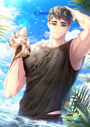 Rule 34 | 1boy, arm up, armpits, bad id, bad twitter id, beach, bird, black hair, black male swimwear, black shirt, black swim trunks, blue sky, closed mouth, cloud, collarbone, commentary, day, eyebrows, grey eyes, haikyuu!!, hand on own head, hemoon, holding, holding shell, looking at viewer, male focus, male swimwear, male underwear, miya osamu, ocean, outdoors, palm tree, partially submerged, seagull, shell, shirt, short hair, sky, smile, solo, summer, swim trunks, swimsuit, symbol-only commentary, tree, twitter username, underwear, water, wet