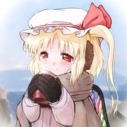 Rule 34 | 1girl, blonde hair, blush, cup, earmuffs, female focus, flandre scarlet, gloves, hat, hat ribbon, holding, lowres, red eyes, ribbon, side ponytail, smile, solo, touhou, uboaa (uhhohho), wings