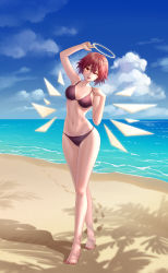 Rule 34 | 1girl, ;d, absurdres, arknights, arm up, bad id, bad pixiv id, bare arms, bare legs, bare shoulders, barefoot, beach, bikini, black bikini, blue sky, breasts, chinese commentary, cloud, commentary request, crossed legs, da akana xiv, day, exusiai (arknights), footprints, full body, hair between eyes, halo, hand up, highres, looking at viewer, medium breasts, nail polish, navel, ocean, one eye closed, open mouth, red eyes, red hair, red nails, shadow, short hair, sky, smile, solo, standing, stomach, swimsuit, thighs, toenail polish, toenails, water, watson cross