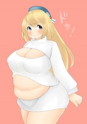 Rule 34 | 10s, 1girl, atago (kancolle), belly, blonde hair, blue eyes, blush, breasts, cleavage, cleavage cutout, clothing cutout, fat, fusa (starless2323), groin, hat, kantai collection, large breasts, long hair, looking at viewer, meme attire, midriff, open-chest sweater, plump, smile, solo, standing, sweater, thick thighs, thighs