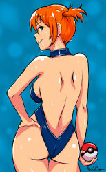 Rule 34 | 1girl, akairiot, ass, back, backless outfit, backless swimsuit, bad id, bad tumblr id, bare back, bare shoulders, blue background, breasts, cowboy shot, creatures (company), curvy, from behind, game freak, green eyes, gym leader, hand on own hip, holding, holding poke ball, legs together, lips, lipstick, looking at viewer, looking back, makeup, medium breasts, misty (pokemon), nintendo, one-piece swimsuit, orange hair, pink lips, poke ball, poke ball (basic), pokemon, pokemon: the electric tale of pikachu, redrawn, shiny skin, short hair, side ponytail, sideboob, sideways mouth, smile, smirk, solo, standing, swimsuit, thigh gap, wet, wet clothes, wet hair, wet swimsuit