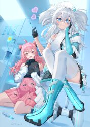 Rule 34 | 2girls, absurdres, ahoge, black gloves, black shirt, blue eyes, blue footwear, boots, ceiling light, commentary request, double bun, florence (neural cloud), fluorescent lamp, full body, girls&#039; frontline, girls&#039; frontline neural cloud, gloves, grey hair, hair between eyes, hair bun, hand on own face, hat, heart, heart-shaped pupils, highres, holding, holding syringe, indoors, lab coat, looking at viewer, messy hair, mitsukayurie, multiple girls, nurse cap, off shoulder, pa-15 (girls&#039; frontline), panakeia (neural cloud), pink eyes, pink hair, pleated skirt, shirt, signature, sitting, skirt, sleeveless, sleeveless shirt, symbol-shaped pupils, syringe, thighhighs, white thighhighs, wz.29 (girls&#039; frontline)