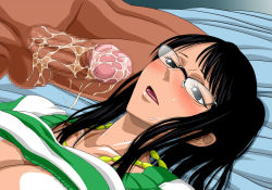 Rule 34 | 1boy, 1girl, bed, black-framed eyewear, black eyes, black hair, blush, breasts, censored, clothes lift, collarbone, cum, erection, eyelashes, glasses, jewelry, long hair, looking up, lying, mosaic censoring, necklace, nel-zel formula, nico robin, on back, on bed, one piece, open mouth, parted bangs, penis, shiny skin, shirt, shirt lift, solo focus, striped clothes, striped shirt, striped sweater, sweat, sweater, sweater lift, testicles, tongue