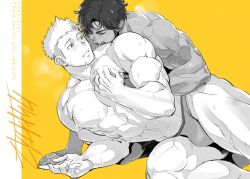 Rule 34 | 2boys, abs, bara, blush, breath, bulge, check copyright, commission, copyright request, couple, dark-skinned male, dark skin, drooling, facial hair, feet out of frame, foreplay, grabbing, grabbing from behind, greyscale with colored background, hand on another&#039;s hand, hand on floor, highres, imminent bite, interracial, large pectorals, lying, male focus, mature male, multiple boys, muscular, muscular male, mustache stubble, nipples, on side, original, pectorals, short hair, sideburns, skeb commission, sparse stubble, stomach, stubble, sweat, takenaga jin, thick eyebrows, thick thighs, thighs, topless male, torogao, undercut, very sweaty, yaoi
