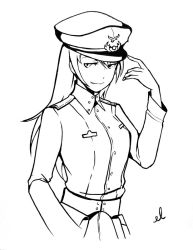 Rule 34 | 1girl, commission, ebbilin, eila ilmatar juutilainen, female focus, grin, hat, ink, long hair, looking at viewer, military, military hat, military uniform, scan, simple background, smile, solo, strike witches, uniform, upper body, world witches series