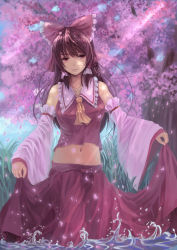 Rule 34 | 1girl, bad id, bad pixiv id, bow, breasts, brown hair, catsmoon, cherry blossoms, collarbone, dappled sunlight, detached sleeves, expressionless, hair bow, hair tubes, hakurei reimu, highres, light rays, long hair, looking at viewer, midriff, navel, outdoors, petals, red eyes, skirt, skirt hold, skirt set, solo, splashing, sunlight, touhou, tree, wading, water