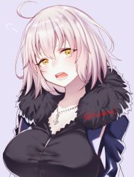 Rule 34 | 1girl, ahoge, breasts, cleavage, fate/grand order, fate (series), fur collar, gradient background, hair between eyes, jeanne d&#039;arc (fate), jeanne d&#039;arc alter (fate), jeanne d&#039;arc alter (ver. shinjuku 1999) (fate), jewelry, kamui natsuki, large breasts, necklace, official alternate costume, open mouth, short hair, silver hair, solo, teeth, twitter username, wicked dragon witch ver. shinjuku 1999, yellow eyes