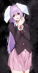 Rule 34 | 1girl, absurdres, animal ears, black background, black jacket, blazer, buttons, collared shirt, commentary request, floppy ears, highres, jacket, long hair, looking at viewer, necktie, open mouth, own hands together, pink skirt, pleated skirt, pocket, pointing, purple hair, rabbit ears, red eyes, red necktie, reisen udongein inaba, shirt, skirt, smile, solo, teeth, touhou, upper teeth only, very long hair, white shirt, yagoro kusuriya