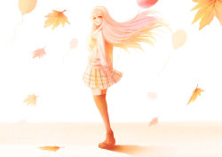 Rule 34 | 1girl, absurdres, ankle boots, autumn leaves, balloon, boots, falling leaves, floating, full body, highres, holding, leaf, long hair, long sleeves, looking at viewer, monochrome, mr. j.w, orange theme, original, plaid, plaid skirt, shadow, simple background, skirt, smile, solo, standing, sweater, thighhighs, white background