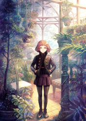 Rule 34 | 1girl, asatani tomoyo, black jacket, black pantyhose, blush, bob cut, brown hair, ceiling fan, closed mouth, day, full body, grey eyes, hands in pockets, hanging plant, indoors, jacket, leather, leather jacket, long sleeves, looking at viewer, original, pantyhose, plant, potted plant, scenery, short hair, smile, solo