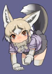 Rule 34 | 1girl, animal ears, bow, bowtie, brown eyes, cardigan, elbow gloves, extra ears, fox ears, fox girl, fox tail, gloves, grey hair, highres, kemono friends, kneehighs, looking at viewer, purple background, rinx, rueppell&#039;s fox (kemono friends), shirt, short hair, simple background, skirt, socks, solo, tail