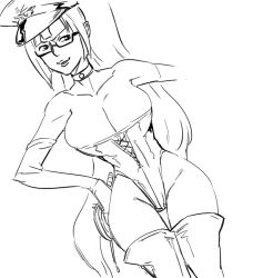Rule 34 | 1girl, arc system works, bad id, bare shoulders, bb (baalbuddy), blazblue, blazblue: calamity trigger, boots, breasts, choker, cleavage, dominatrix, drawfag, elbow gloves, female focus, glasses, gloves, greyscale, hand on own hip, hat, hip focus, huge breasts, inactive account, large breasts, litchi faye ling, long hair, monochrome, narrow waist, peaked cap, ponytail, solo, thigh boots, thigh gap, thighhighs, thighs, very long hair, whip, wide hips