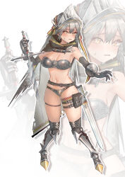 Rule 34 | 1girl, alternate costume, arknights, armor, armored boots, armpits, belt, bikini armor, black belt, blush, boots, breasts, cape, cleavage, commentary, double-parted bangs, embarrassed, fartooth (arknights), feather hair, full body, gauntlets, grey cape, grey hair, highres, holding, holding sword, holding weapon, kaguura (kagu), long hair, looking at viewer, medium breasts, navel, outline, parted lips, pouch, scabbard, sheath, simple background, skindentation, solo, standing, stomach, sweat, sword, thigh pouch, thigh strap, visor (armor), weapon, white background, white outline, yellow eyes, zoom layer