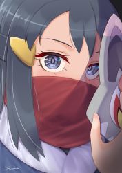 Rule 34 | 1girl, akari (pokemon), black eyes, black hair, blush, commentary, covered mouth, creatures (company), fox mask, game freak, hair ornament, half updo, holding, holding mask, long hair, looking at viewer, mask, ninja, nintendo, pokemon, pokemon legends: arceus, portrait, red scarf, scarf, sidelocks, signature, solo, the-prinprince