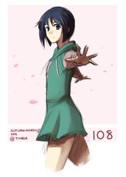 Rule 34 | 1girl, autumn-north, black hair, blue eyes, bob cut, cherry blossoms, cropped legs, dress, hood, hoodie, looking at viewer, love hina, maehara shinobu, outstretched arms, petals, short hair, sketch, solo, spread arms