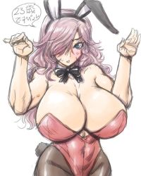 Rule 34 | 1girl, amania orz, animal ears, breasts, cleavage, detached collar, fake animal ears, hair over one eye, huge breasts, leotard, long hair, looking at viewer, original, pantyhose, playboy bunny, rabbit ears, rabbit tail, solo, tail, text focus, translation request, wavy hair, white background