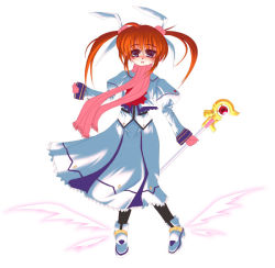 Rule 34 | 00s, 1girl, beads, blue eyes, bow, brown hair, dress, female focus, frapowa, full body, hair beads, hair bow, hair ornament, looking at viewer, lyrical nanoha, mahou shoujo lyrical nanoha, mahou shoujo lyrical nanoha a&#039;s, open mouth, pantyhose, raising heart, raising heart (accel mode), scarf, shoes, simple background, solo, standing, takamachi nanoha, takamachi nanoha (sacred mode), twintails, two side up, white background, white dress, winged footwear, wings