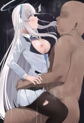 Rule 34 | 1boy, 1girl, absurdres, between breasts, black pantyhose, blue archive, blue necktie, blush, breasts, clothed female nude male, constricted pupils, empty eyes, faceless, faceless male, formal, from side, girl on top, grey hair, halo, hetero, highres, hototogisu (7kanu 7ra), large breasts, long hair, long sleeves, mechanical halo, motion lines, necktie, necktie between breasts, nipples, noa (blue archive), nude, one breast out, open mouth, pantyhose, pleated skirt, profile, purple eyes, rape, sex, skirt, suit, torn clothes, torn pantyhose, vaginal, white skirt