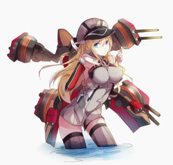 Rule 34 | 10s, 1girl, alisa (kuro no sakura), arched back, bad id, bad pixiv id, bare shoulders, bismarck (kancolle), blonde hair, blue eyes, breasts, cannon, grey thighhighs, hand in own hair, hand on own chest, hat, kantai collection, large breasts, long hair, partially submerged, peaked cap, simple background, skindentation, sleeveless, smile, solo, standing, thighhighs, wading, water, white background, zettai ryouiki