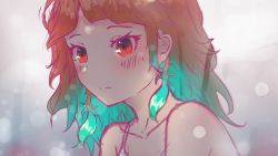 Rule 34 | 1girl, bare shoulders, blush, closed mouth, collarbone, feathers, glowing, glowing eyes, gradient background, grey background, highres, hololive, hololive english, looking at viewer, looking to the side, md5 mismatch, red eyes, shaded face, shironekokfp, takanashi kiara, virtual youtuber