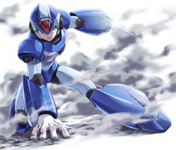 Rule 34 | 1boy, android, arm cannon, arm support, capcom, fujino yuuki, full body, glint, green eyes, hand on ground, helmet, looking at viewer, male focus, mega man (series), x (mega man), mega man x (series), robot, simple background, smoke, solo, superhero landing, weapon, white background