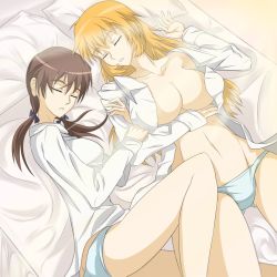 Rule 34 | 2girls, arm hug, breasts, brown hair, charlotte e. yeager, closed eyes, gertrud barkhorn, hair ribbon, highres, jatts, large breasts, lying, multiple girls, open clothes, open shirt, orange hair, panties, ribbon, shirt, sleeping, strike witches, twintails, underwear, world witches series, yuri