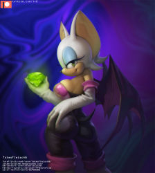Rule 34 | 1girl, animal ears, animal nose, artist name, bare shoulders, bat ears, bat girl, bat wings, black bodysuit, blue background, blue eyeshadow, blurry, blurry background, body fur, bodysuit, boots, breasts, chaos emerald, closed mouth, contrapposto, deep skin, deviantart username, elbow gloves, eyeshadow, female focus, from behind, furaffinity username, furry, furry female, gem, gloves, glowing, green eyes, green gemstone, half-closed eyes, hand on own ass, hand up, happy, hentai-foundry username, holding, holding gem, looking at viewer, looking back, makeup, medium breasts, newgrounds username, patreon logo, patreon username, pixiv id, purple background, purple wings, rouge the bat, shiny clothes, short hair, sideboob, sideways mouth, skin tight, skindentation, smile, solo, sonic (series), standing, tail, thigh boots, totesfleisch8, two-tone background, watermark, web address, white footwear, white fur, white gloves, white hair, wings