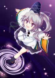 Rule 34 | 1girl, arm up, bad id, bad pixiv id, boots, female focus, grey eyes, hat, highres, japanese clothes, mononobe no futo, open mouth, outstretched arm, ponytail, ripples, short hair, silver hair, skirt, smile, solo, tate eboshi, touhou, uranaishi (miraura)