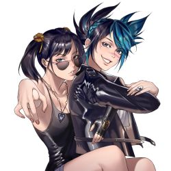 Rule 34 | 2girls, aviator sunglasses, bandai namco, black gloves, black hair, blue eyes, blue hair, braid, breasts, commentary, commission, company connection, crossover, crown braid, english commentary, fingerless gloves, fingernails, gloves, grin, hair ornament, hair scrunchie, hanny (uirusu chan), heart, heart necklace, highres, hug, hug from behind, jacket, jewelry, jojo no kimyou na bouken, leather, leather jacket, ling xiaoyu, lips, looking at viewer, looking over eyewear, looking over glasses, mole, mole under eye, multicolored hair, multiple girls, necklace, pointing, pointing at viewer, ring, scar, scar on face, scar on nose, scrunchie, short twintails, shorts, single fingerless glove, skull ring, small breasts, smile, soul calibur, soulcalibur, soulcalibur vi, sunglasses, swept bangs, tank top, teeth, tekken, time paradox, tinted eyewear, tira (soulcalibur), twintails, two-tone hair, white background, yuri