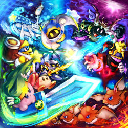 Rule 34 | alternate form, bandana, bandana waddle dee, blue eyes, brown eyes, caramel (artist), disembodied limb, dragon, galaxia (sword), hammer, highres, huge weapon, kirby, kirby&#039;s return to dream land, kirby (series), landia, lor starcutter, magolor, magolor ex, magolor soul, mask, master crown, meta knight, nintendo, no humans, polearm, red eyes, solid oval eyes, spear, star (symbol), sword, ultra sword, waddle dee, weapon, wings, yellow eyes