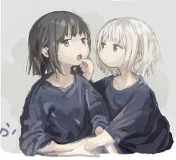 Rule 34 | 2girls, arm grab, black hair, expressionless, finger in another&#039;s mouth, highres, multiple girls, open mouth, original, roisa, short hair, sketch, sweatdrop, teeth, upper body, upper teeth only, white hair, yuri