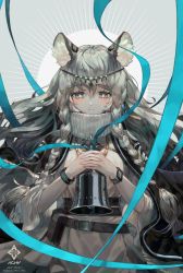 Rule 34 | 1girl, a0lp, animal ear fluff, animal ears, arknights, bell, belt, belt buckle, blush, bracelet, braid, buckle, cape, capelet, closed mouth, grey eyes, holding, jewelry, lace, long hair, long sleeves, looking down, necklace, pramanix (arknights), silver hair, simple background, skirt, solo, turtleneck, very long hair, watch