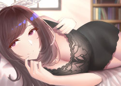 Rule 34 | 1girl, black dress, blurry, blurry background, blush, bookshelf, bow, breasts, brown hair, cleavage, dress, hair bow, highres, hip focus, idolmaster, idolmaster shiny colors, large breasts, long hair, looking at viewer, lying, on bed, on side, ponytail, purple eyes, smile, solo, swept bangs, thighs, tosi (pixiv9459043), tsukioka kogane, white bow