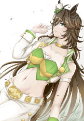 Rule 34 | 1girl, ahoge, animal ears, arm belt, breasts, brown hair, choker, collarbone, commentary, cowboy shot, crop top, green eyes, green shirt, groin, hair between eyes, hair ornament, hairclip, hand up, hat, highres, horse ears, horse girl, horse tail, jacket, long hair, long sleeves, looking at viewer, medium breasts, midriff, mini hat, mini top hat, mino (mii mt), mr. c.b. (umamusume), navel, open clothes, open jacket, pants, parted lips, shirt, sidelocks, simple background, single bare shoulder, single sleeve, sleeve cuffs, smile, solo, strapless, strapless shirt, tail, top hat, umamusume, white background, white hat, white pants, yellow choker