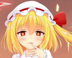 Rule 34 | 1girl, blonde hair, blush, bow, brown background, collared shirt, commentary request, eyelashes, finger to mouth, fingernails, flandre scarlet, frilled shirt collar, frills, hair between eyes, hat, hat bow, highres, kuronekoron, looking at viewer, mob cap, open mouth, puffy short sleeves, puffy sleeves, red bow, red eyes, shirt, short hair, short sleeves, side ponytail, solo, touhou, upper body, white hat, white shirt, wrist cuffs