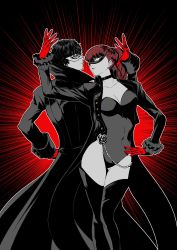 Rule 34 | 1boy, 1girl, amamiya ren, black background, black choker, black coat, black footwear, black hair, black leotard, boots, breasts, choker, cleavage, closed mouth, coat, collarbone, contrapposto, covered navel, dancing, eye contact, gloves, hand on own hip, highleg, highleg leotard, highres, igusaharu, leotard, long hair, looking at another, mask, medium breasts, open clothes, open coat, persona, persona 5, persona 5 the royal, ponytail, red background, red gloves, red hair, short hair, standing, strapless, strapless leotard, thigh boots, thighhighs, yoshizawa kasumi